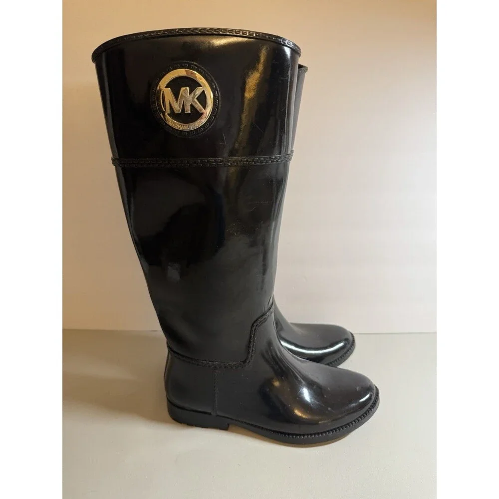 Michael Kors Tall Black Shiny Rain boots Size 8  Logo Glossy Spring